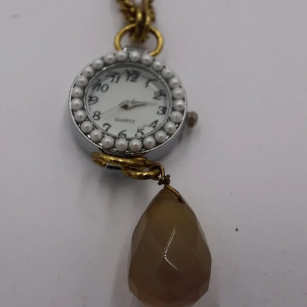 Anthropologie Bronze Tone & Pearl Accent Watch Necklace